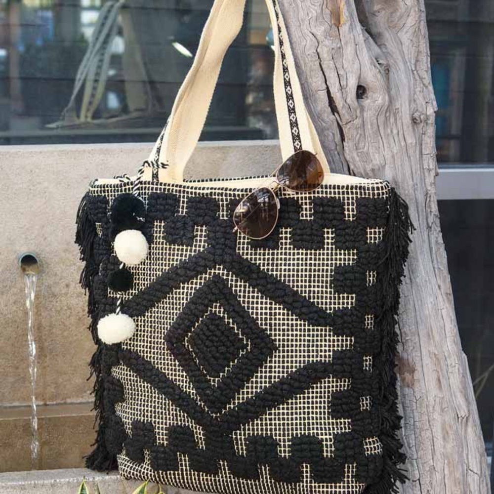 Boho Chic Woven Black And Cream Geometric Tote Bag- Olive And Coco Boutique Bag